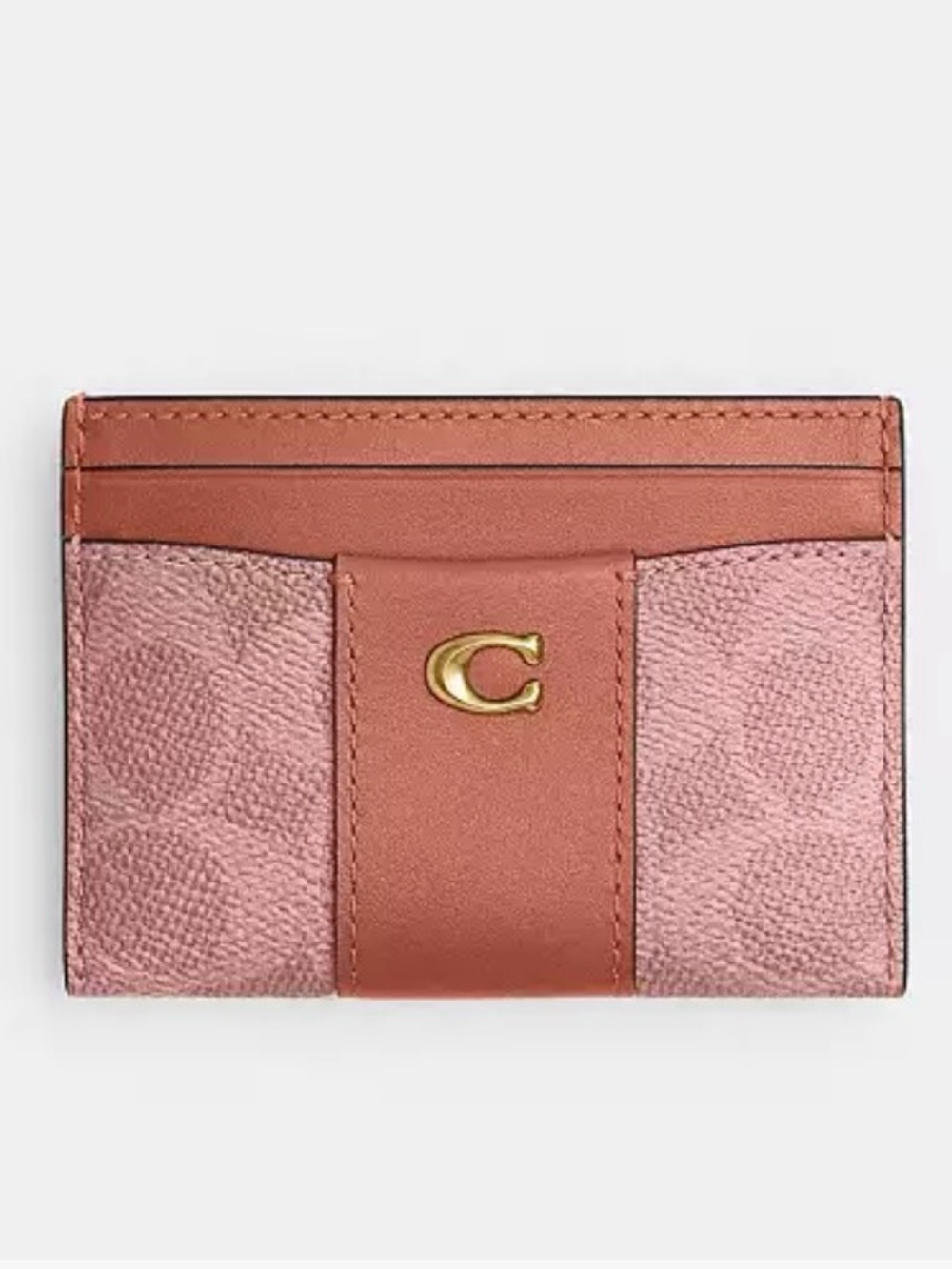 Coach Pink and Rust Signature Card Holder with Gold 'C' Emblem